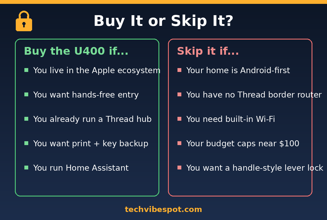 Buy-or-skip decision graphic for the Aqara U400: buy for Apple homes and hands-free entry, skip for Android-first homes or sub-$100 budgets