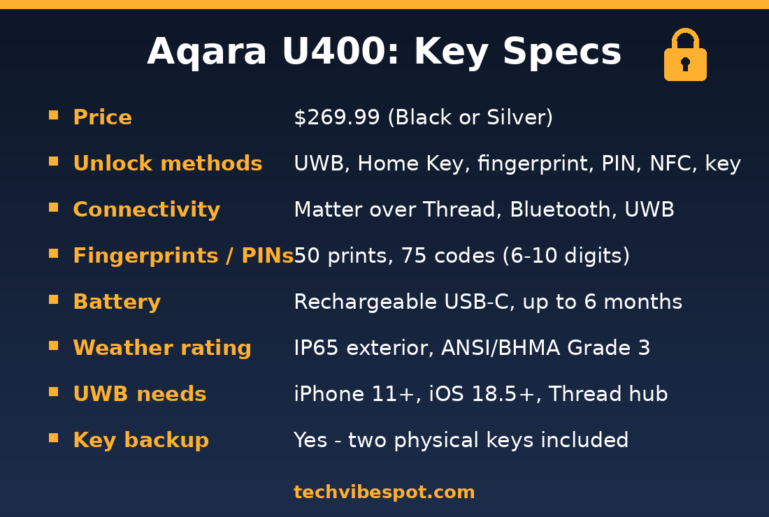 Aqara U400 spec card: UWB, Apple Home Key, fingerprint, Matter over Thread, 6-month rechargeable battery, IP65