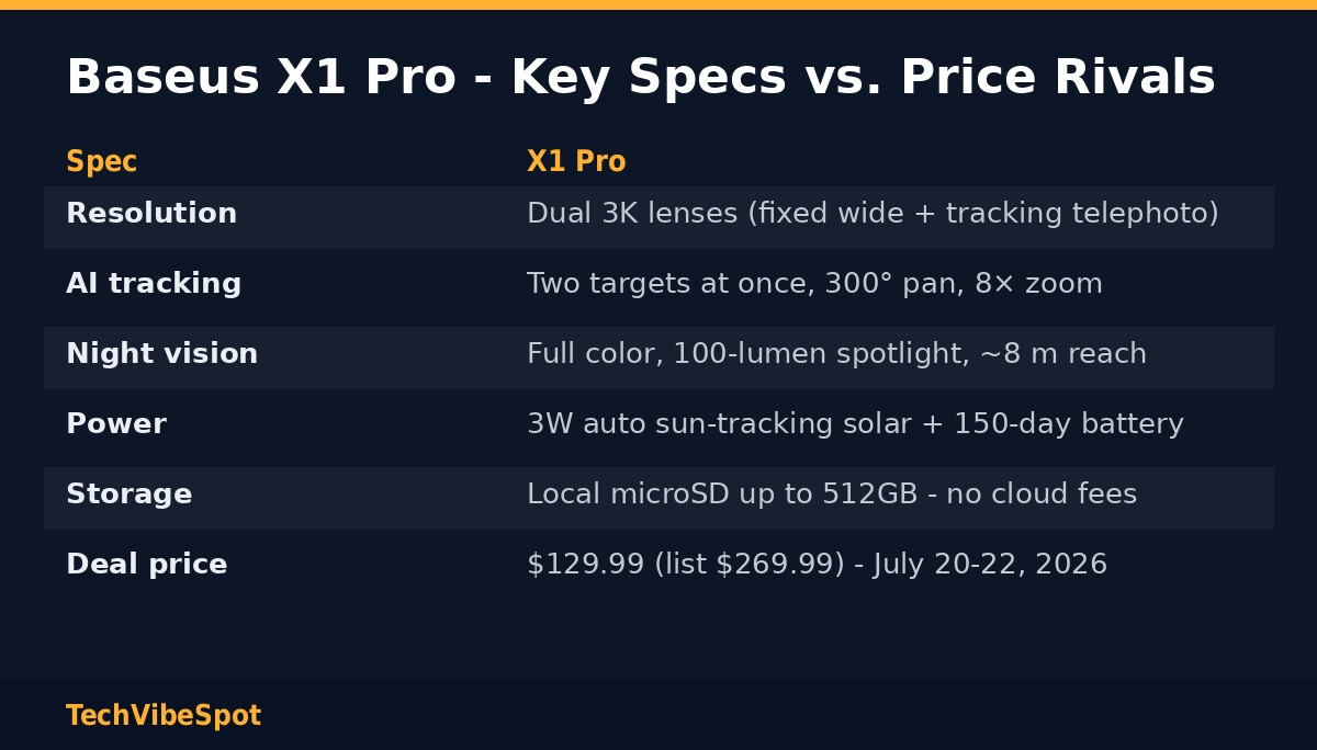 Baseus X1 Pro key specs: dual 3K lenses, AI tracking, solar power, 512GB local storage, $129.99 deal price