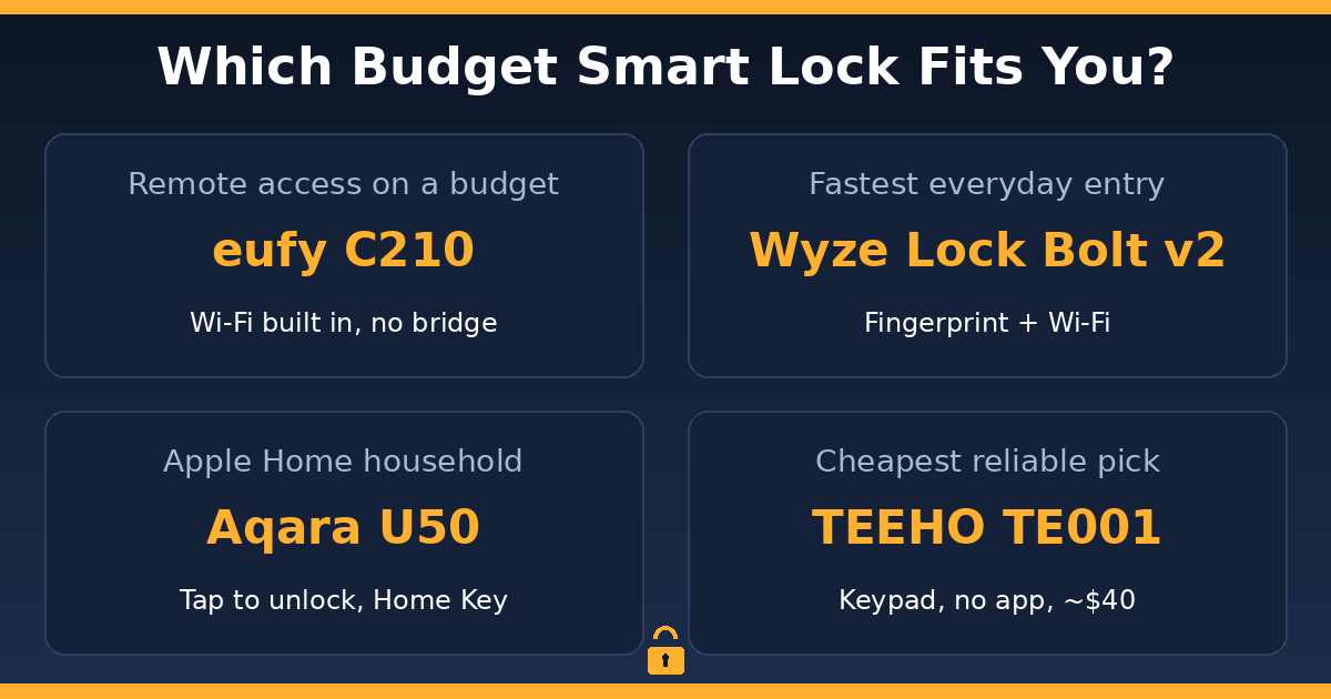 Decision graphic matching each budget smart lock under $100 to the buyer it fits best