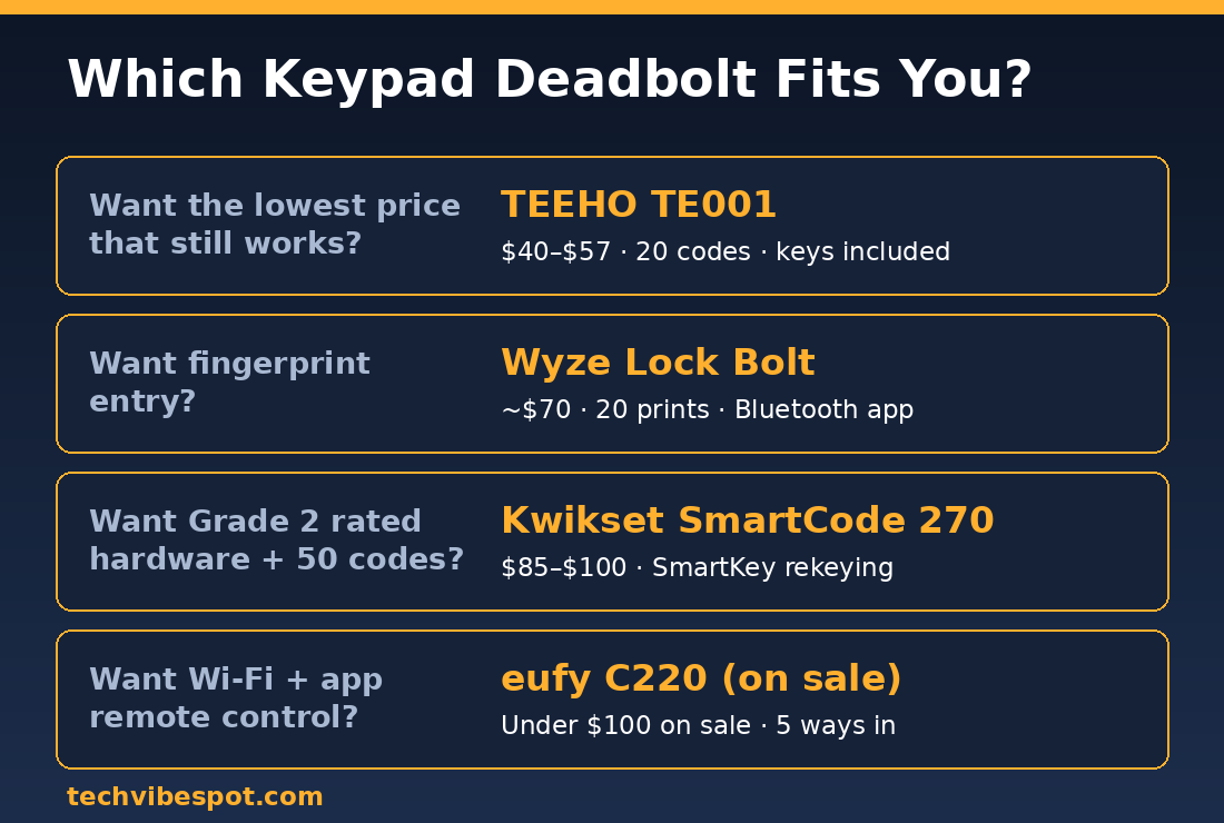 Decision guide matching buyers to the TEEHO TE001, Wyze Lock Bolt, Kwikset SmartCode 270 or eufy C220 keypad deadbolt