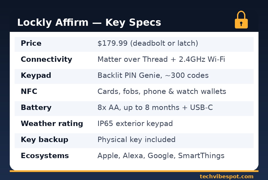 Lockly Affirm key specs table: price 179.99, Matter over Thread plus WiFi, PIN Genie keypad, 8 AA batteries, IP65, physical key backup