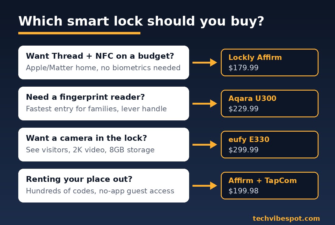 Decision flowchart comparing Lockly Affirm, Aqara U300, eufy E330 and Affirm with TapCom by buyer need and price