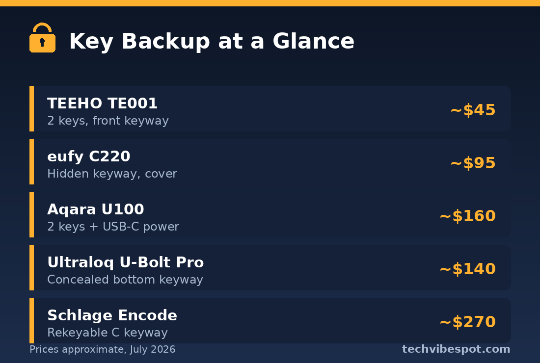 Spec card comparing key backup types and prices of TEEHO TE001, eufy C220, Aqara U100, Ultraloq U-Bolt Pro, and Schlage Encode