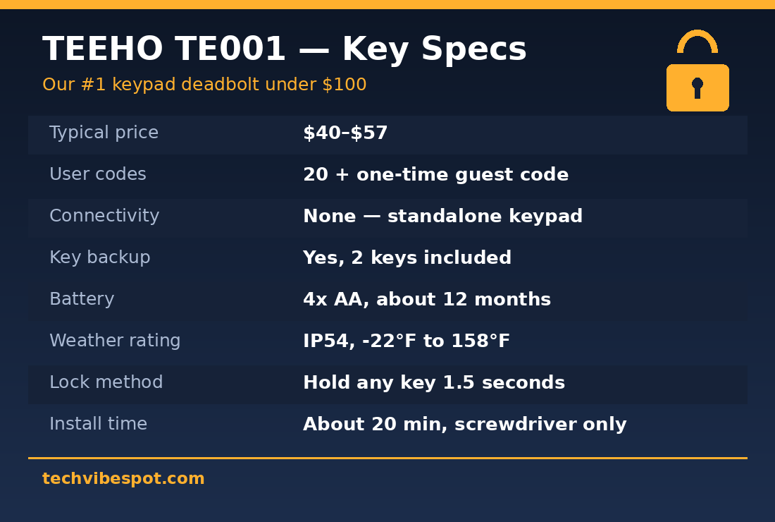 TEEHO TE001 spec card: $40-$57 price, 20 user codes, no Wi-Fi, 2 backup keys, 12-month AA battery life, IP54 rating