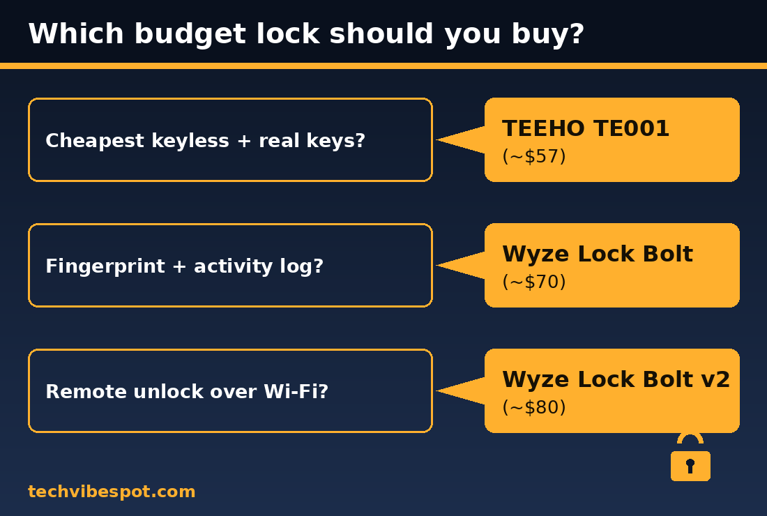 Decision chart showing which budget smart lock to buy: TEEHO TE001, Wyze Lock Bolt, or Wyze Lock Bolt v2
