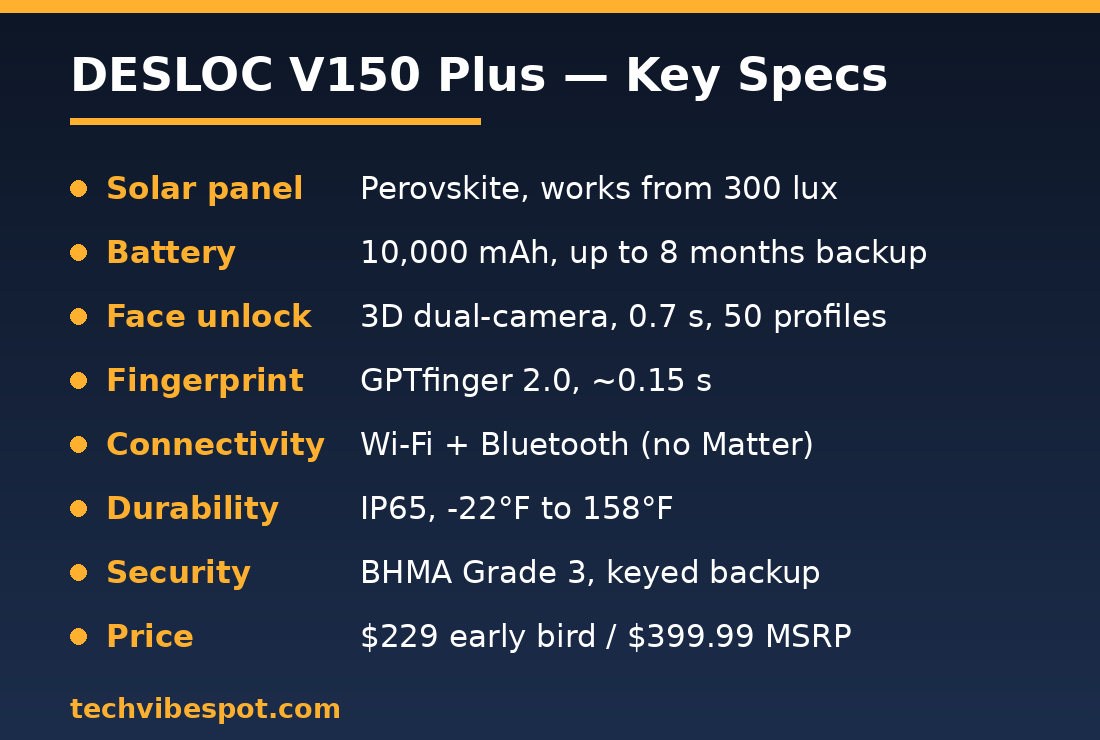 DESLOC V150 Plus key specifications: perovskite solar panel, 10,000 mAh battery, 3D face recognition, Wi-Fi, IP65, BHMA Grade 3