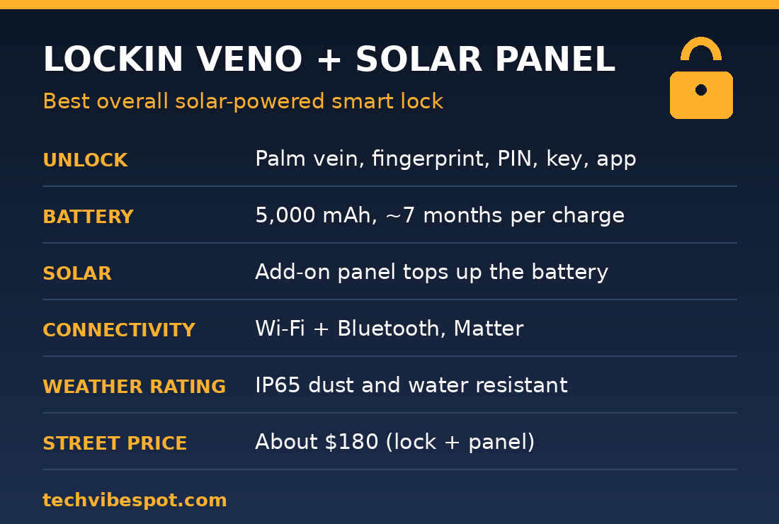 Spec card for the Lockin Veno palm vein smart lock with solar panel: 5,000 mAh battery, IP65, Matter, about $180