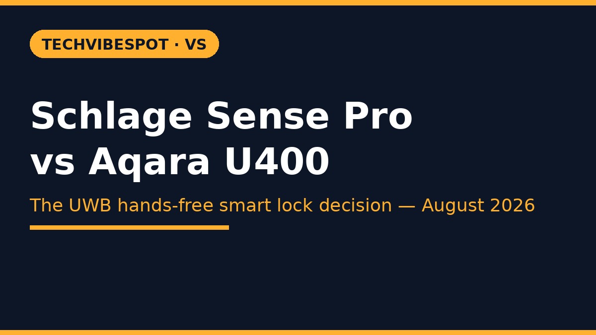 Schlage Sense Pro vs Aqara U400 UWB smart lock comparison card, August 2026