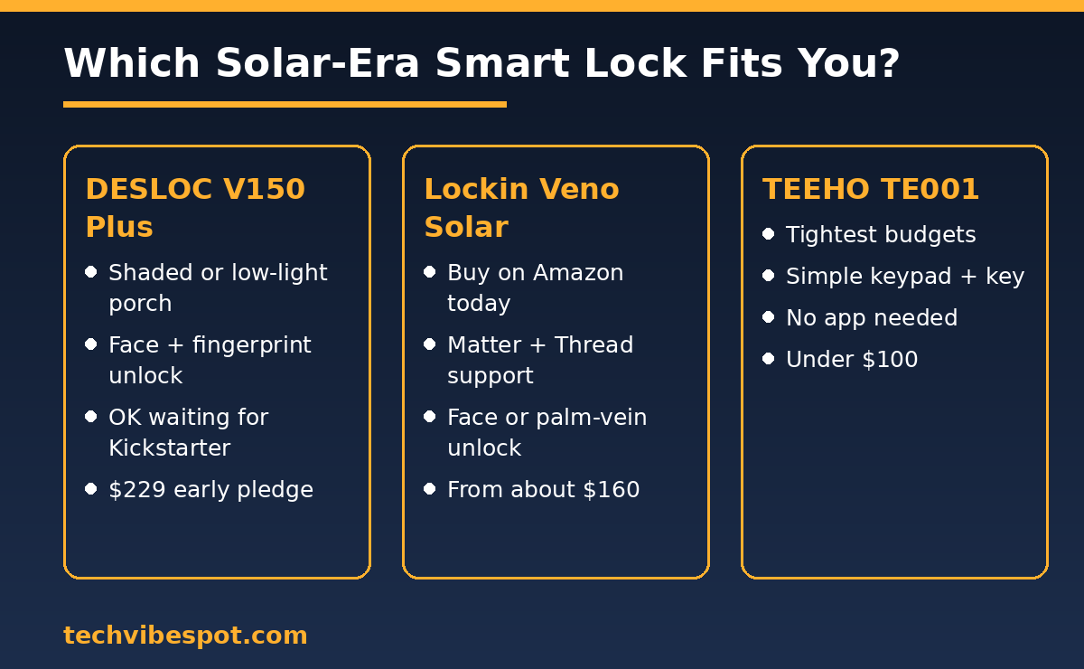 Decision graphic comparing DESLOC V150 Plus, Lockin Veno Solar and TEEHO TE001 smart locks