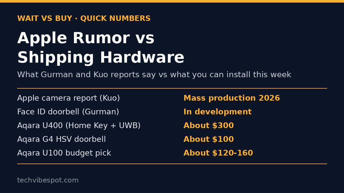 Comparison card of Apple doorbell rumors versus Aqara U400, G4 doorbell and U100 prices