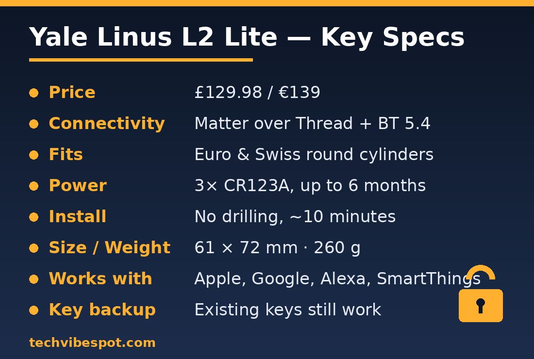 Yale Linus L2 Lite key specifications: price, Matter over Thread, euro cylinder fit, CR123A batteries, 10-minute install